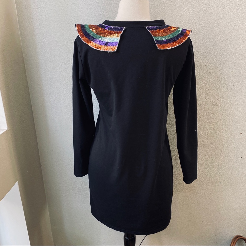 Saturn Rainbow Sequin Patch Black Collared Dress - image 7